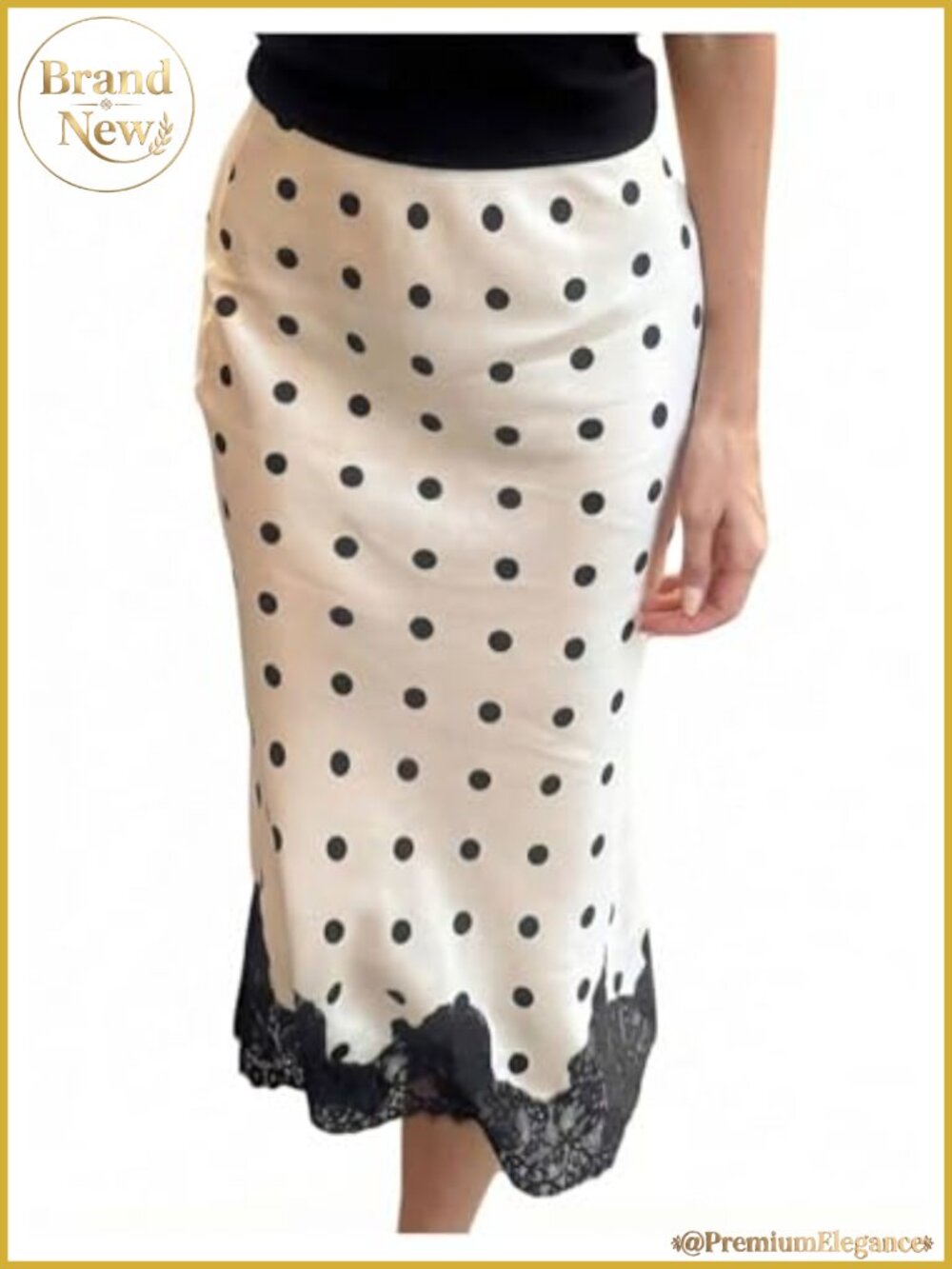 Satin Polka Dot Maxi Skirt with Lace Trim - Long Flowy Office Wear